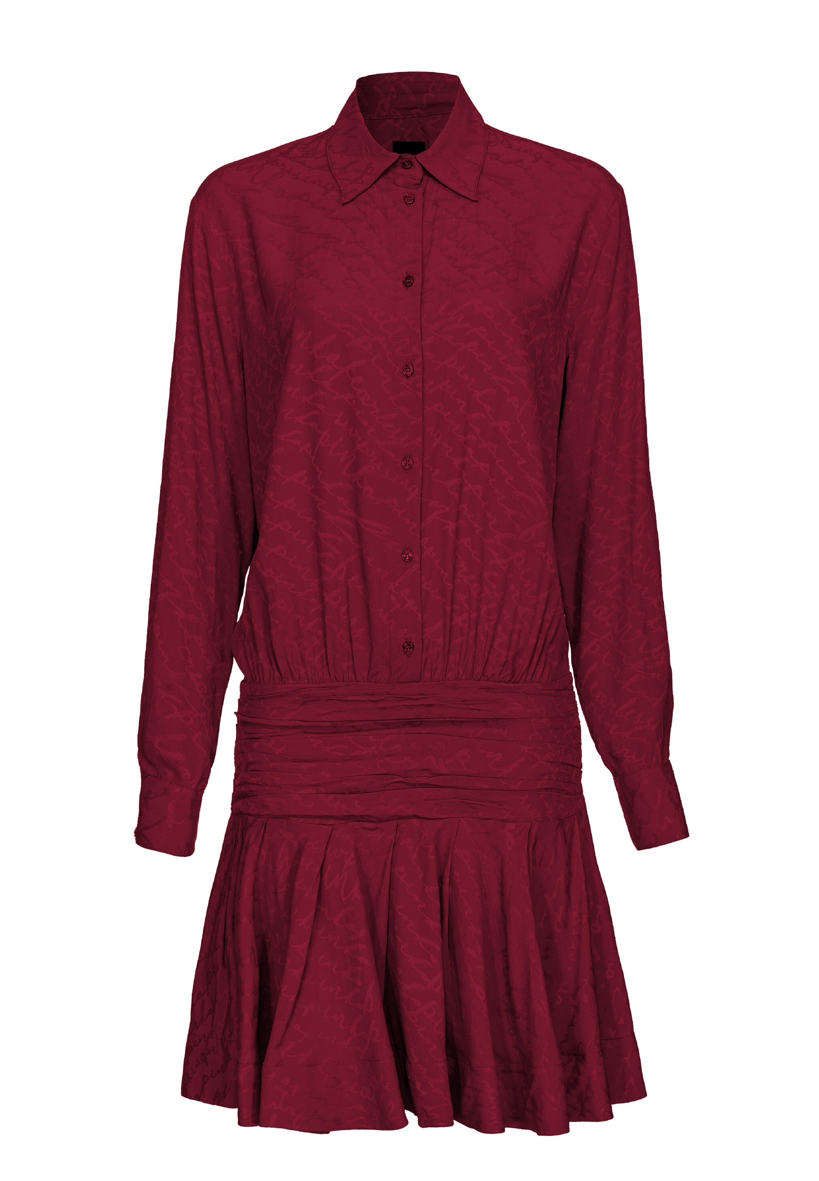 Bordeaux-farbenes Hemdkleid mit langen Ärmeln, Knopfverschluss, gefälteltem Rock und gerafftem Taillenbereich. Hergestellt aus strukturiertem Stoff mit subtilen Mustern.