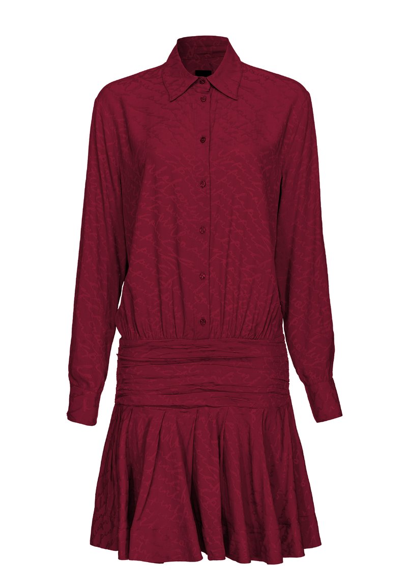 Bordeaux-farbenes Hemdkleid mit langen Ärmeln, Knopfverschluss, gefälteltem Rock und gerafftem Taillenbereich. Hergestellt aus strukturiertem Stoff mit subtilen Mustern.