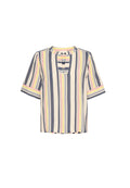 Gestreifter Kurzarm-Top mit vertikalen Linien in Marineblau, Pink und Off-White, mit einem Schlüssel-Ausschnitt und lässiger Passform. Weiches Material.