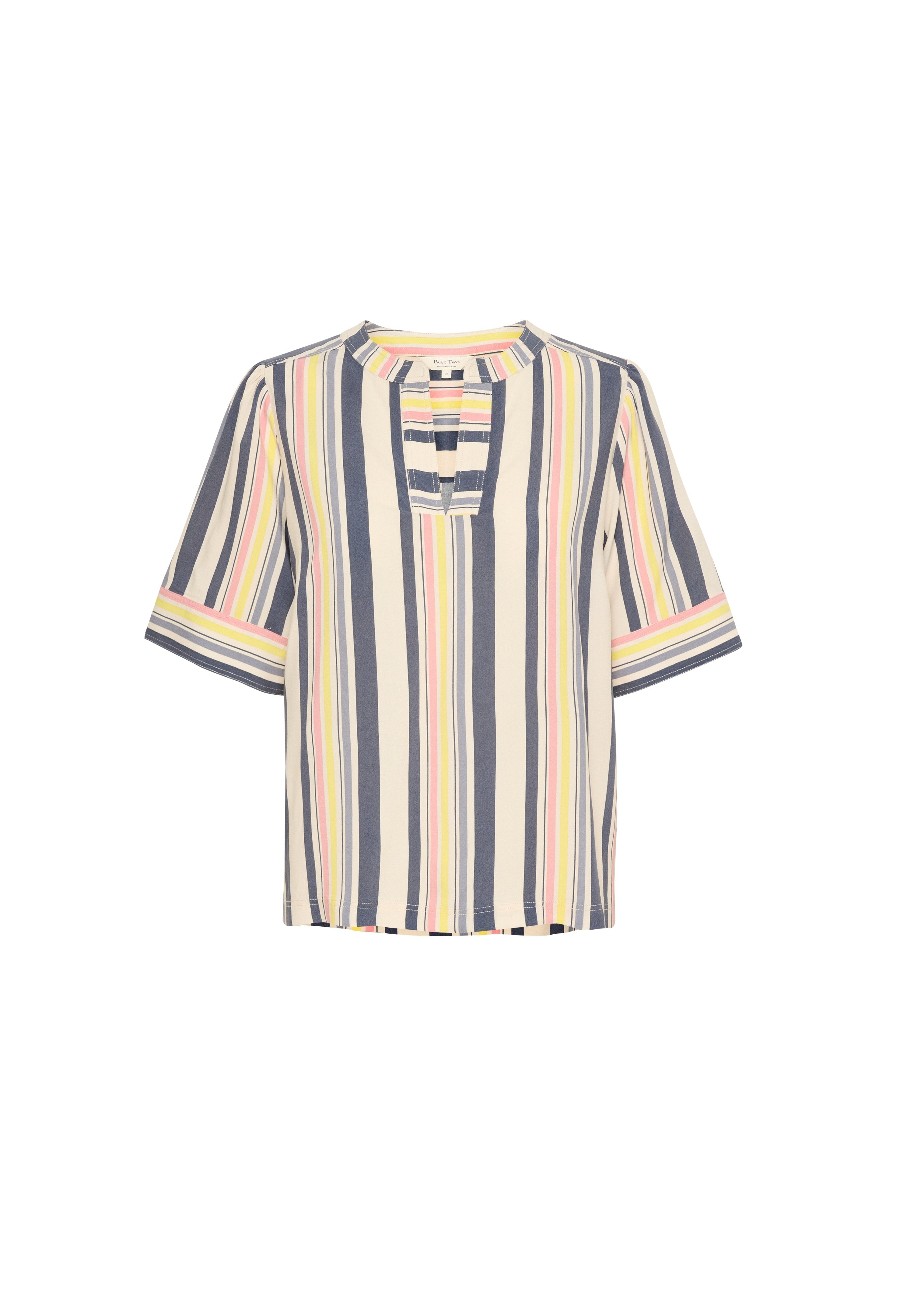 Gestreifter Kurzarm-Top mit vertikalen Linien in Marineblau, Pink und Off-White, mit einem Schlüssel-Ausschnitt und lässiger Passform. Weiches Material.