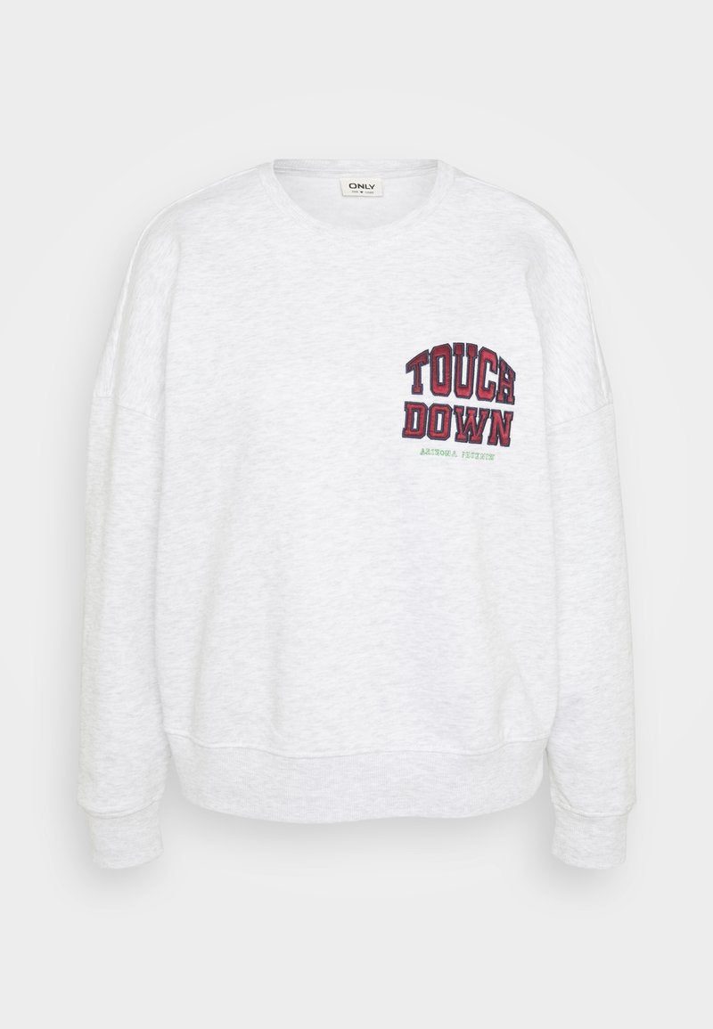 Grauer Sweatshirt mit rundem Halsausschnitt. Auf der Brust mit roten und marineblauen Stickereien "TOUCH DOWN" versehen. Weicher Stoff, lässige Passform.