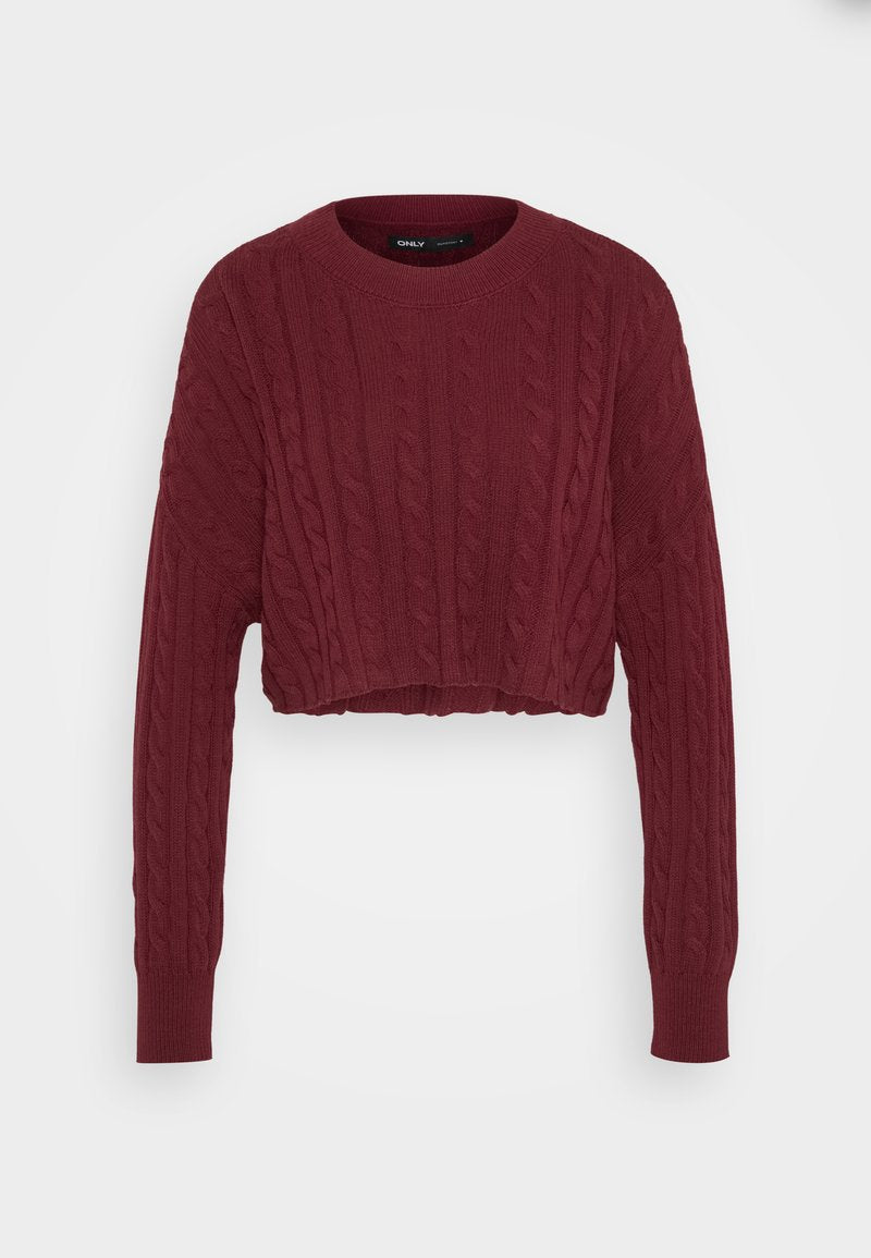 Burgunderfarbener, kurz geschnittener Pullover mit Zopfmuster, geripptem Kragen und Bündchen, aus strukturiertem Stoff und mit langen Ärmeln.