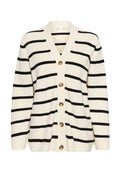 Strickjacke in Creme mit schwarzen horizontalen Streifen, V-Ausschnitt und sechs großen Knöpfen vorne. Weiche Textur, lange Ärmel, lockere Passform.