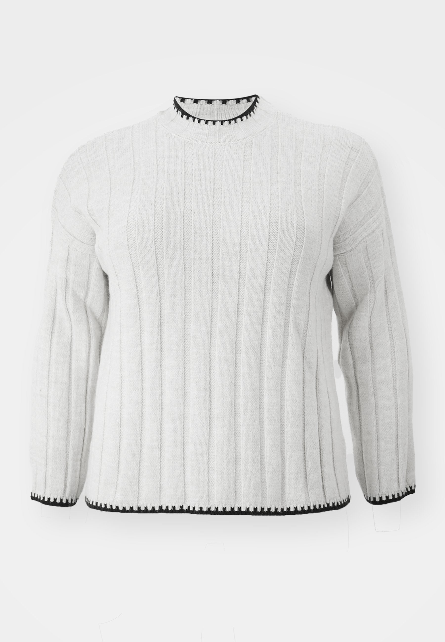 Hellgrauer gerippter Pullover mit langen Ärmeln und schwarzem Saum am hohen Kragen sowie am Abschluss. Weiche Textur und lässiges Design.