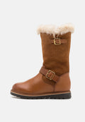 Braune Wildleder- und Lederkniehohe Stiefel mit einem mit Fell gefütterten oberen Rand, seitlichen Schnallen und einer strukturierten Gummisohle.