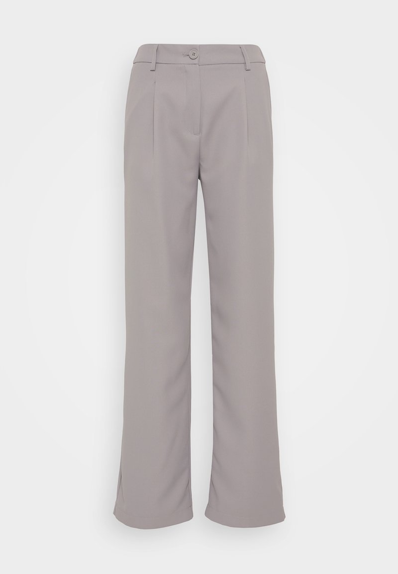 Graue, weite Hosen mit glatter Textur. Verfügt über Falten vorne, einen Knopfverschluss und seitliche Taschen. Klassisches Design für vielseitiges Tragen.