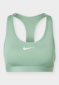 Hellgrüner Racerback-Sport-BH mit weißem Nike-Swoosh-Logo mittig auf der Vorderseite.
