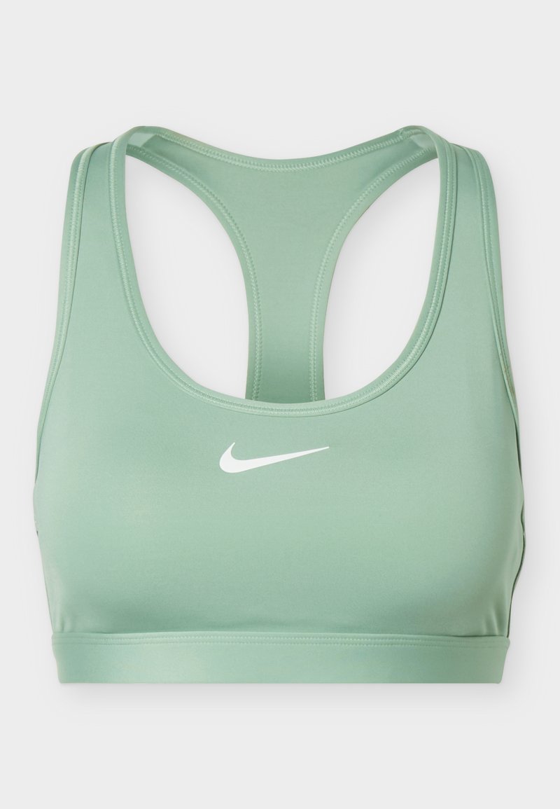 Hellgrüner Racerback-Sport-BH mit weißem Nike-Swoosh-Logo mittig auf der Vorderseite.