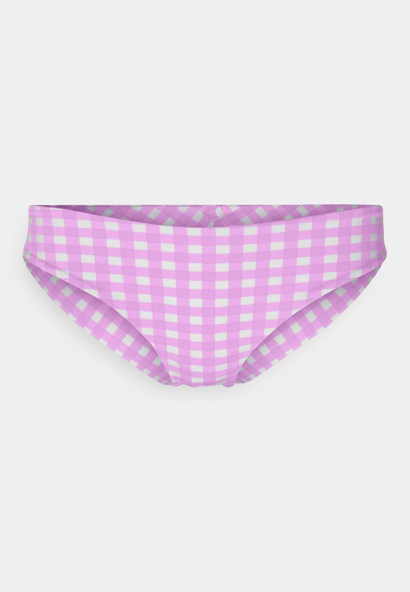 Lila-weißer karierter Bikiniunterteil mit glatter Textur und mittelhohem Design. Verfügt über einen Bund ohne sichtbare Beschläge.