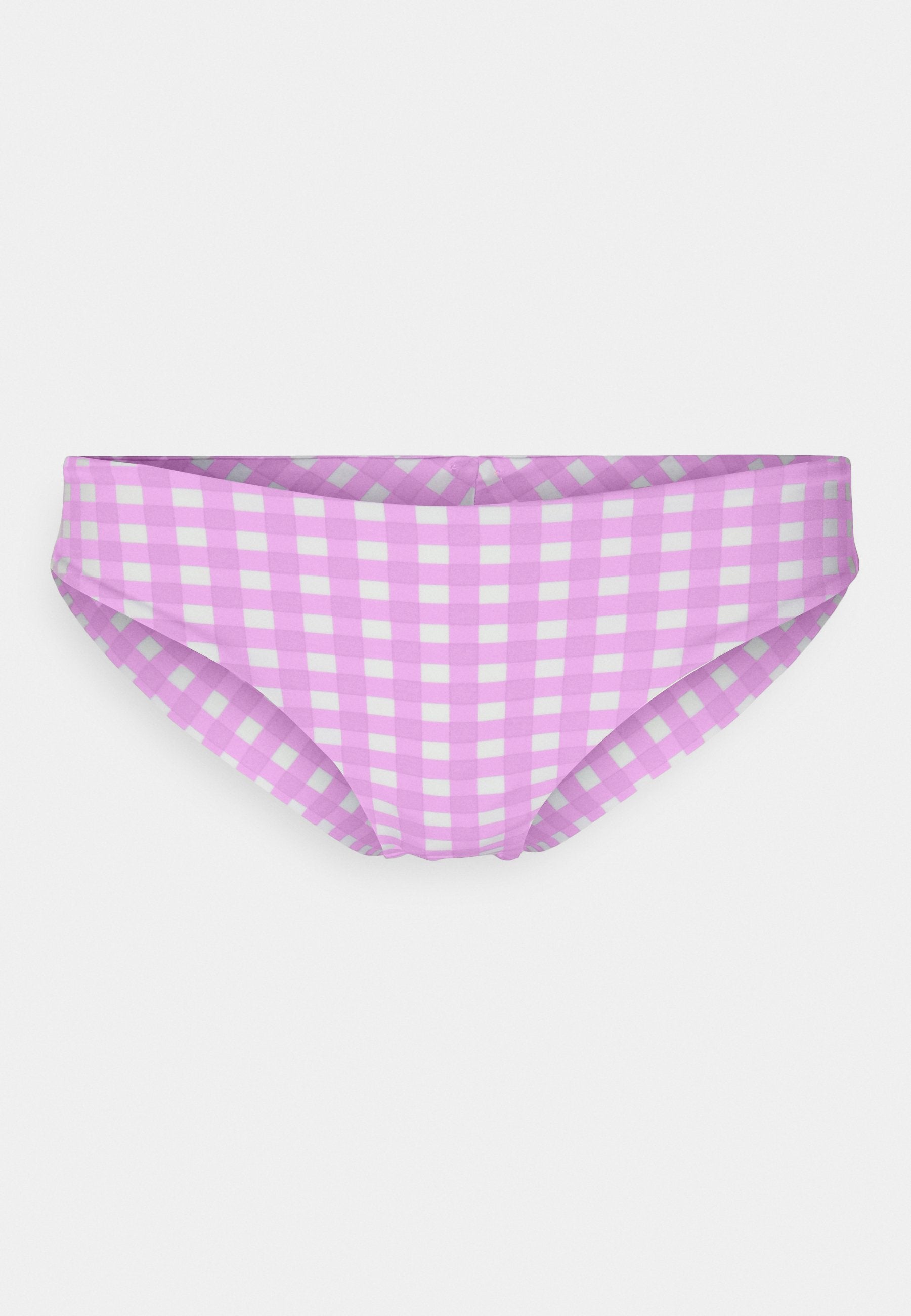 Lila-weißer karierter Bikiniunterteil mit glatter Textur und mittelhohem Design. Verfügt über einen Bund ohne sichtbare Beschläge.