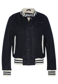 Marineblaue Woll-Collegejacke mit cremefarbenen gestreiften Rippstrick-Kragen, -bündchen und -saum, ausgestattet mit Seitentaschen und einem Frontknopfverschluss.