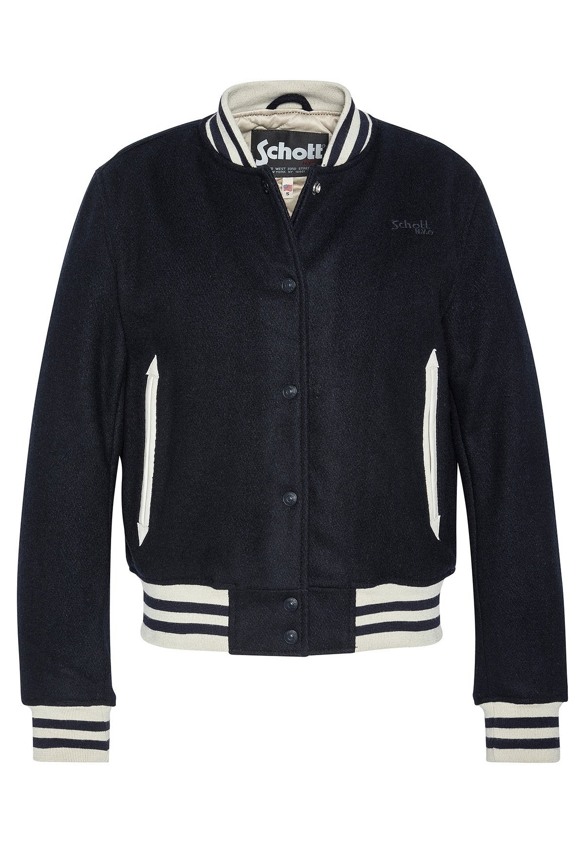 Marineblaue Woll-Collegejacke mit cremefarbenen gestreiften Rippstrick-Kragen, -bündchen und -saum, ausgestattet mit Seitentaschen und einem Frontknopfverschluss.