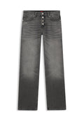 Schwarze Jeans aus Denim mit einem geraden Bein, fünf Taschen und einem Knopfverschluss. Verblasste Textur mit dezenten Farbnuancen.