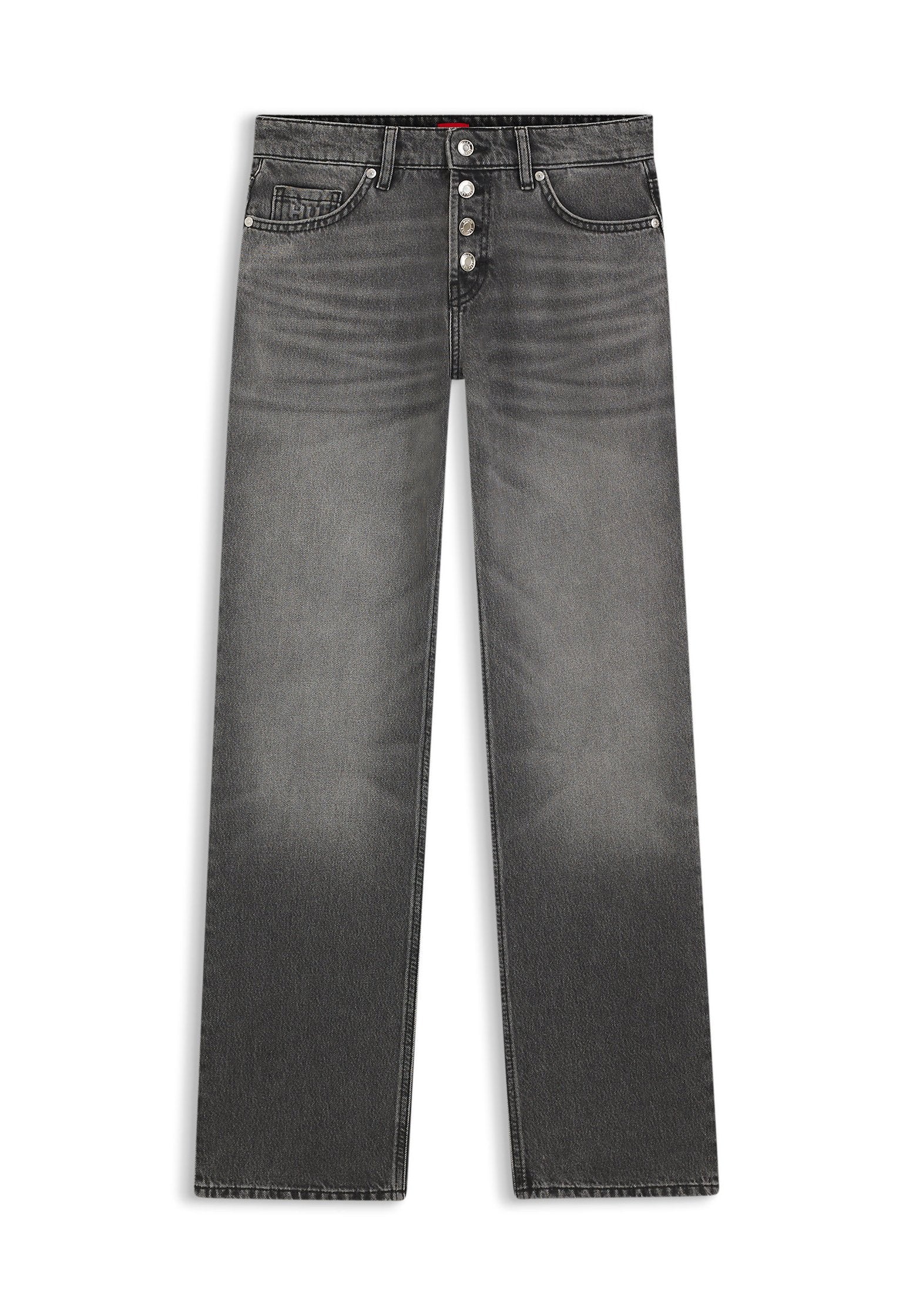 Schwarze Jeans aus Denim mit einem geraden Bein, fünf Taschen und einem Knopfverschluss. Verblasste Textur mit dezenten Farbnuancen.