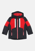 Kinder Kapuzenjacke in Schwarz und Rot mit durchgehendem Reißverschluss, seitlichen Reißverschlusstaschen und Klettverschluss an den Handgelenken.