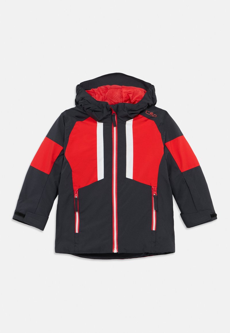 Kinder Kapuzenjacke in Schwarz und Rot mit durchgehendem Reißverschluss, seitlichen Reißverschlusstaschen und Klettverschluss an den Handgelenken.