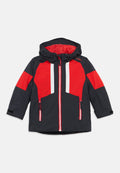Kinder Kapuzenjacke in Schwarz und Rot mit durchgehendem Reißverschluss, seitlichen Reißverschlusstaschen und Klettverschluss an den Handgelenken.
