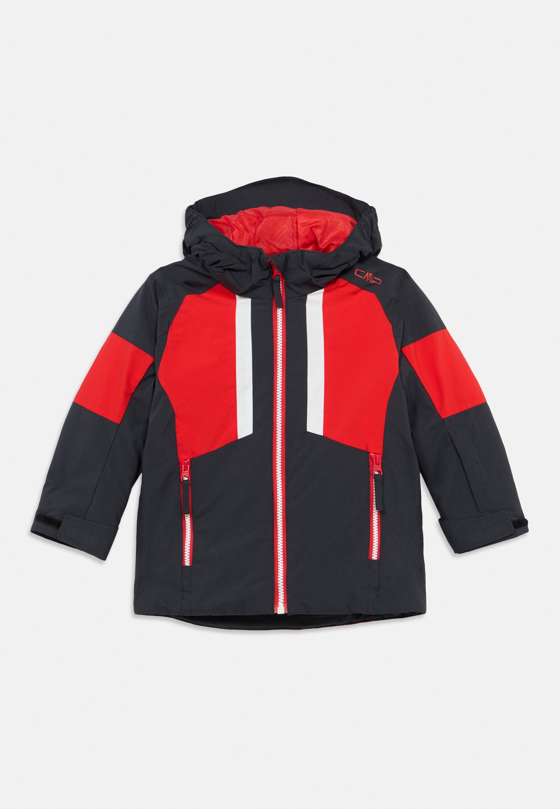 Kinder Kapuzenjacke in Schwarz und Rot mit durchgehendem Reißverschluss, seitlichen Reißverschlusstaschen und Klettverschluss an den Handgelenken.
