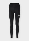 Schwarze, hoch taillierte enganliegende Leggings mit The North Face-Logo am oberen rechten Oberschenkel, vor hellem einfarbigem Hintergrund dargestellt.