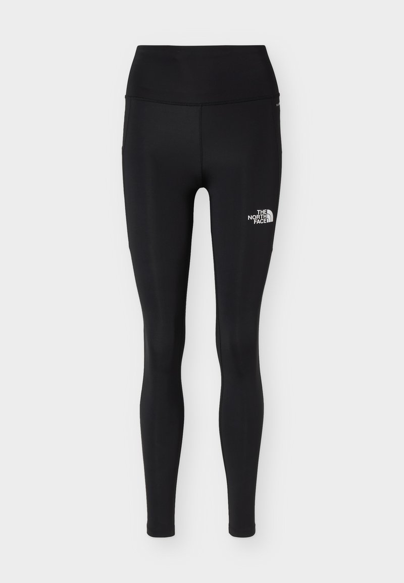 Schwarze, hoch taillierte enganliegende Leggings mit The North Face-Logo am oberen rechten Oberschenkel, vor hellem einfarbigem Hintergrund dargestellt.