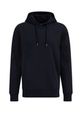 Marineblaues Hoodie aus Baumwollmischung. Verfügt über eine Kängurutasche, eine Kapuze mit Kordelzug sowie gerippte Bündchen und Saum. Glatte Textur.
