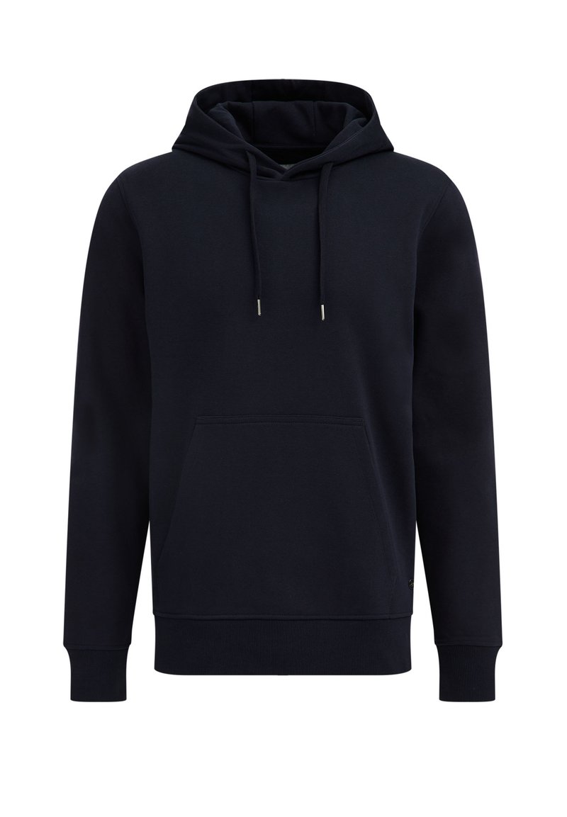Marineblaues Hoodie aus Baumwollmischung. Verfügt über eine Kängurutasche, eine Kapuze mit Kordelzug sowie gerippte Bündchen und Saum. Glatte Textur.