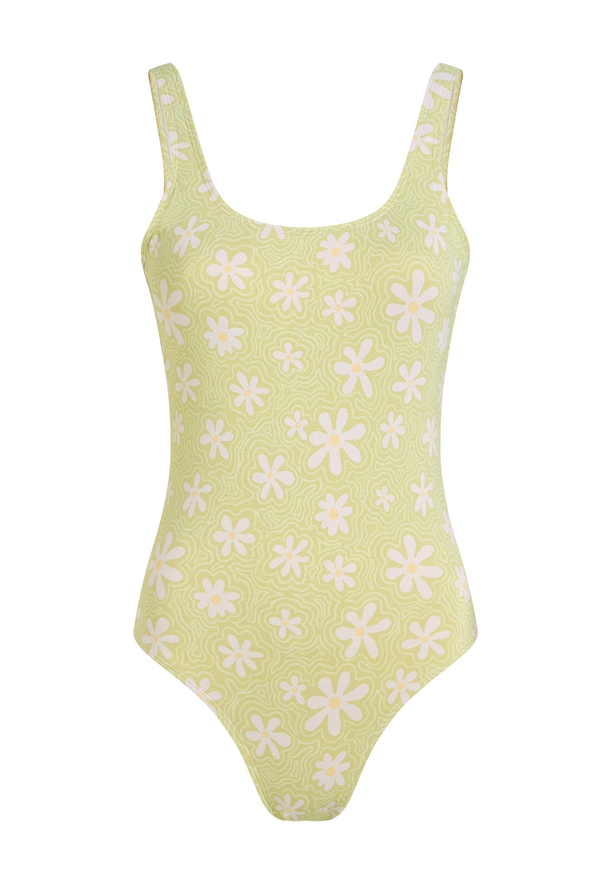 Grüner Floral-Einteiler mit einem strukturierten Muster aus weißen Blumen, dicken Schulterträgern und einem klassischen Schnitt für Halt.