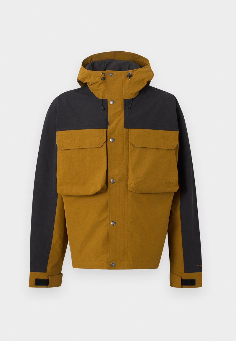 Zweifarbige braun-schwarze Kapuzenjacke mit vorderen Druckknöpfen, großen Brusttaschen mit Klappen und verstellbaren Handgelenksriemen.