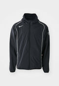 Schwarze leichte Jacke mit Kapuze, verfügt über weiße Paspeln entlang der Vorderseite und Ärmel, einen Frontreißverschluss und elastische Bündchen.