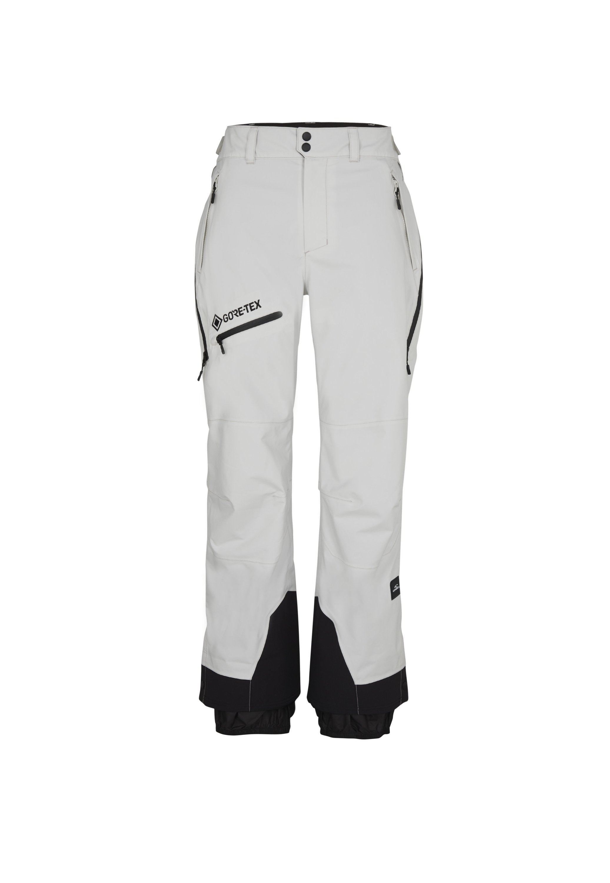 GORE-TEX Schneehose in Weiß mit schwarzen Akzenten, ausgestattet mit Reißverschlusstaschen, verstellbarem Bund und verstärkten Bündchen für Langlebigkeit.