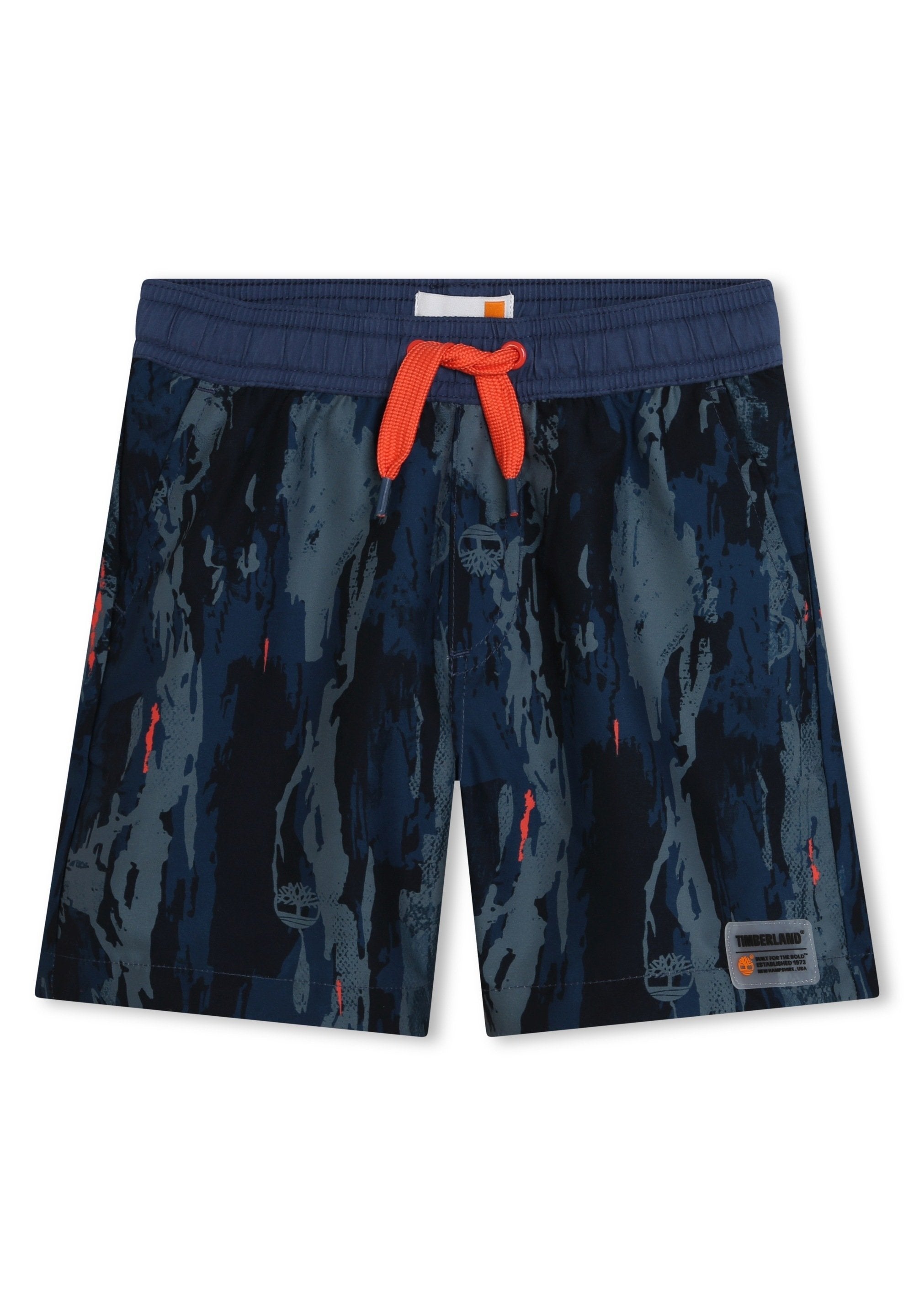 Blaue gemusterte Badehosen mit elastischem Bund und orangefarbener Kordel. Mit einem dezenten Grafikdesign und einem Timberland-Label.