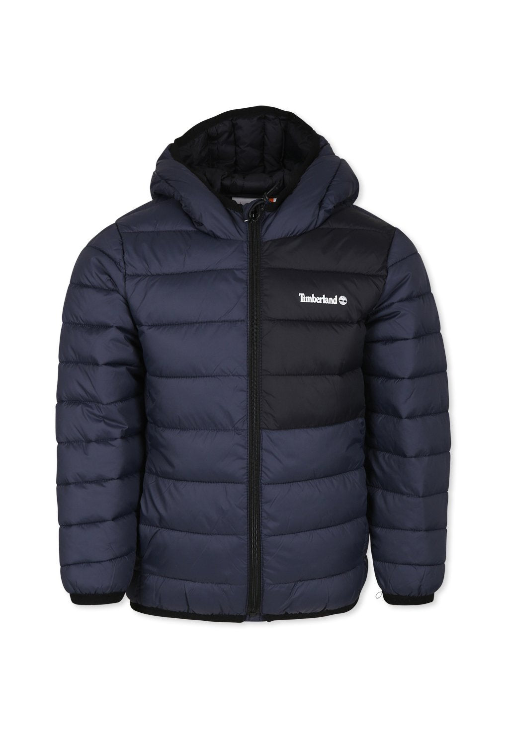 Marineblaue Pufferjacke mit schwarzem Einsatz und Kapuze, ausgestattet mit einem vorderen Reißverschluss, elastischen Bündchen und dem Timberland-Logo auf der Brust.