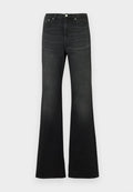 Schwarze Jeans mit Schlag aus Denim. Hohe Taille mit fünf Taschen und Gürtelschlaufen. Schlichtes Design mit dezenten Nähten an den Taschen.