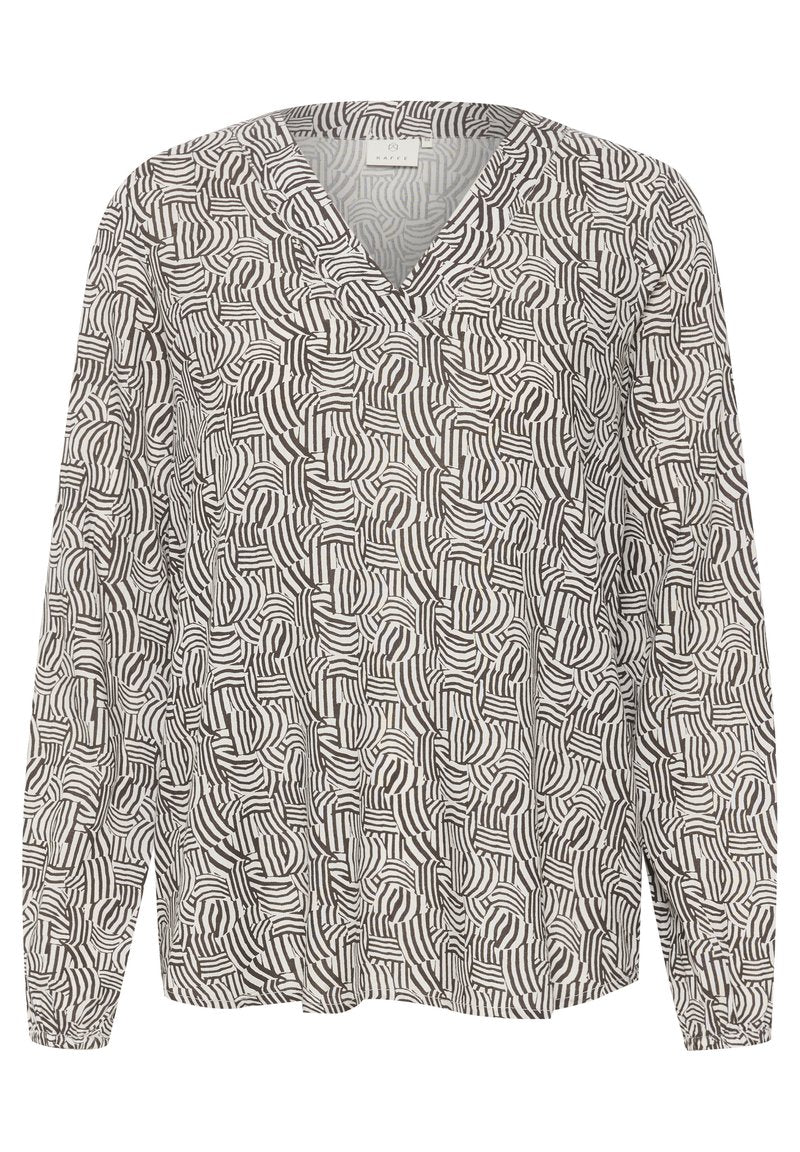 Langärmelige Bluse mit V-Ausschnitt, aus leichtem Stoff gefertigt, mit einem geometrischen schwarz-weißen Muster, das geschwungene und gestreifte Designs umfasst.
