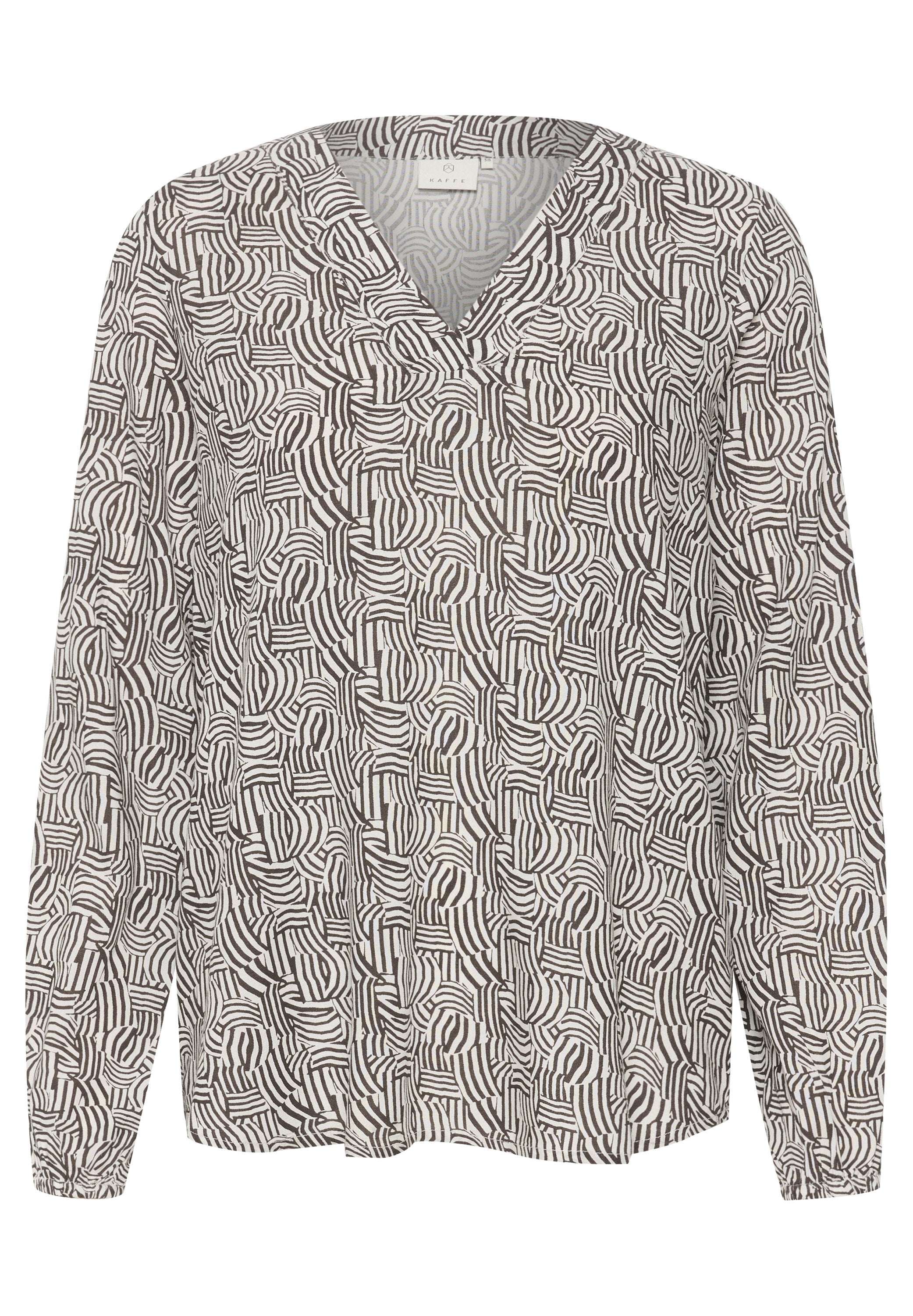 Langärmelige Bluse mit V-Ausschnitt, aus leichtem Stoff gefertigt, mit einem geometrischen schwarz-weißen Muster, das geschwungene und gestreifte Designs umfasst.