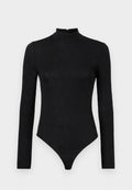 Schwarzer Langarm-Bodysuit mit hohem Hals und subtiler Textur. Verfügt über einen Reißverschluss hinten und ein Tanga-Design.