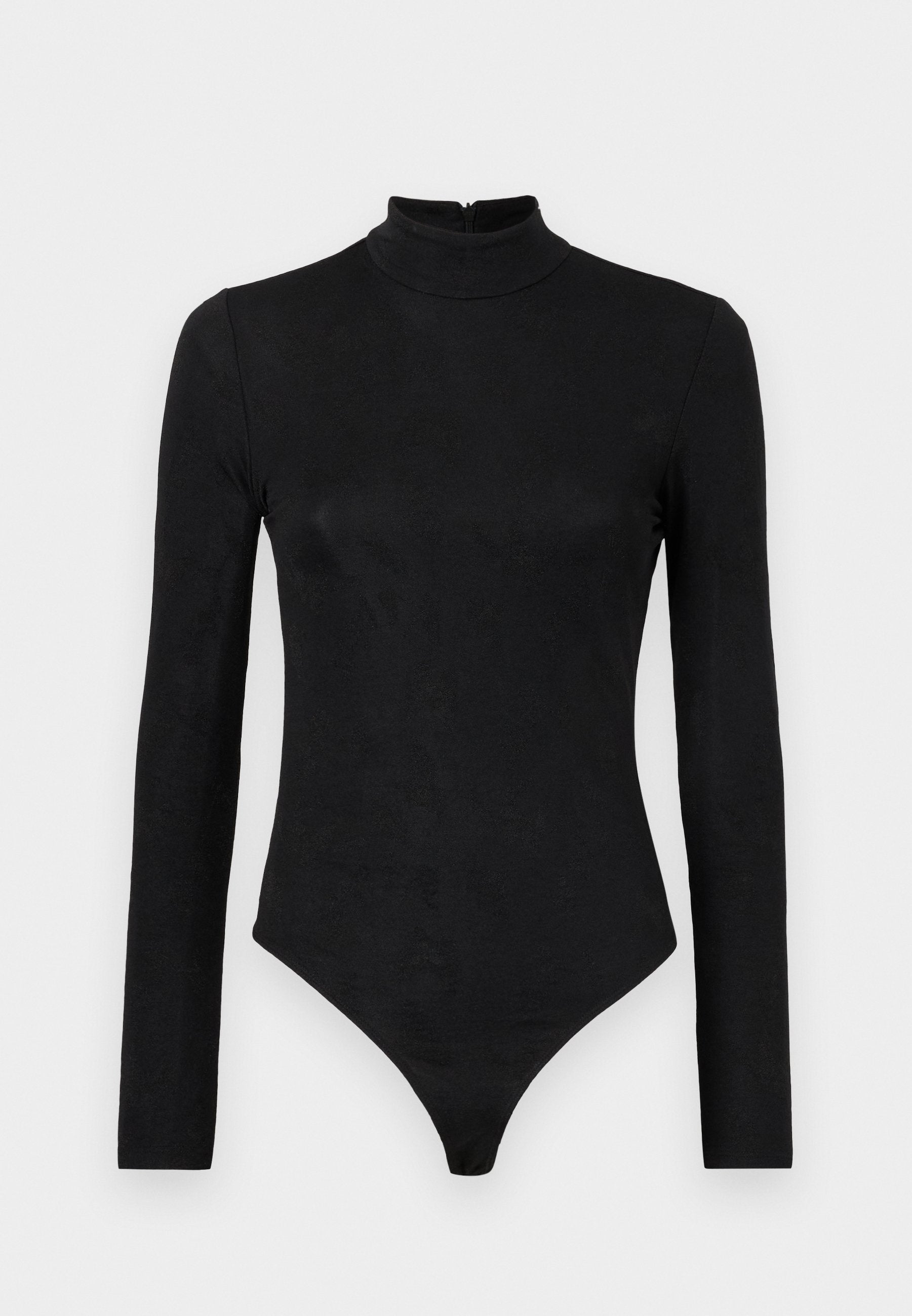 Schwarzer Langarm-Bodysuit mit hohem Hals und subtiler Textur. Verfügt über einen Reißverschluss hinten und ein Tanga-Design.