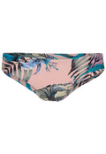 Rosa Bikini-Höschen mit einem Muster aus tropischen Blättern und Blumen in Blau, Grün und Schwarz. Glattes, elastisches Material.