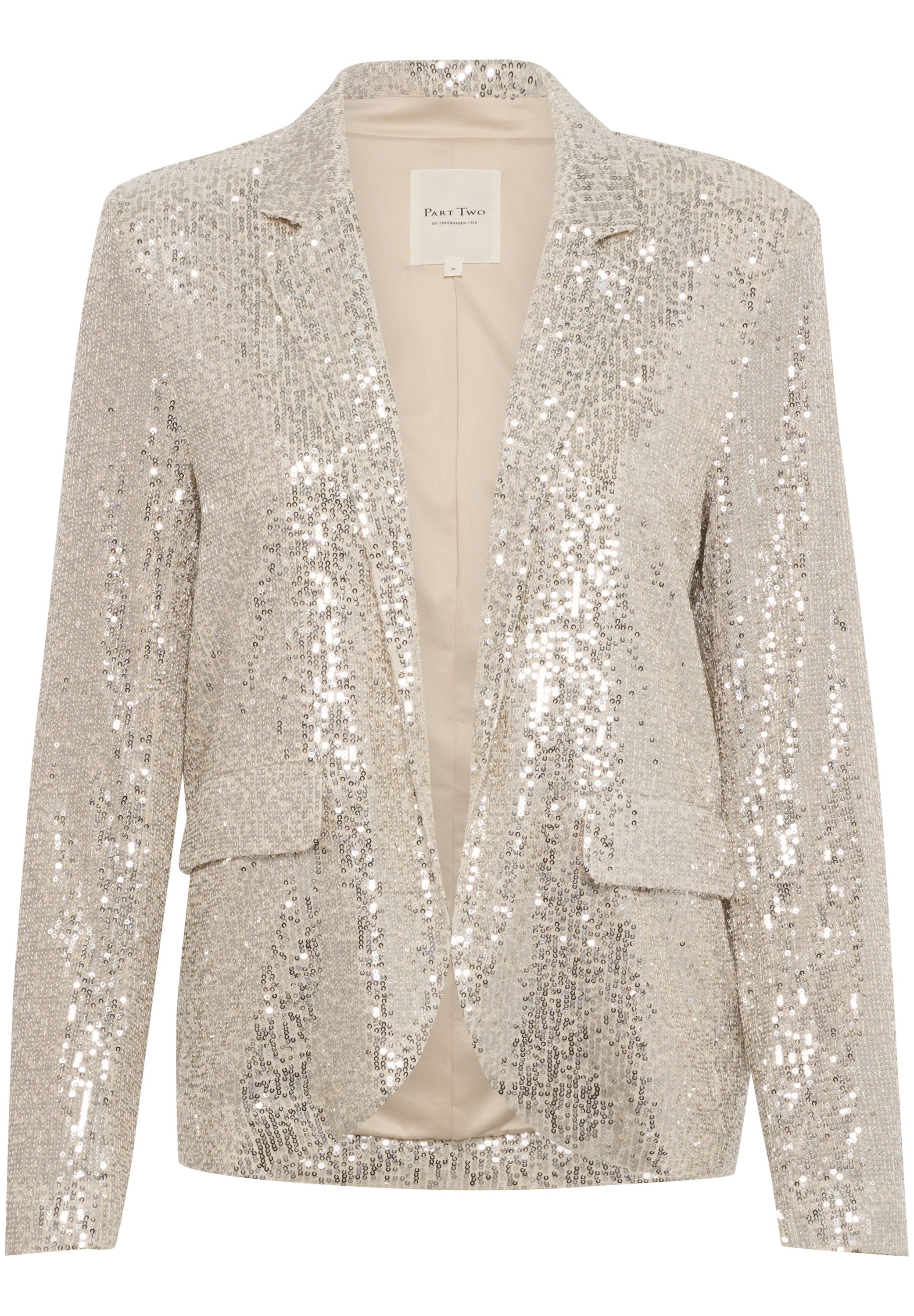 Hellbeige Damenblazer, der mit glänzenden Pailletten bedeckt ist, mit einem Reverskragen und Klappentaschen, aufgeknöpft, mit einem glatten Innenfutter.