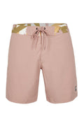 Rosa Badeshorts mit einem gemusterten Bund in Weiß-, Grün- und Gelbtönen. Enthält eine vordere Krawatte und ein seitliches Logodetail.