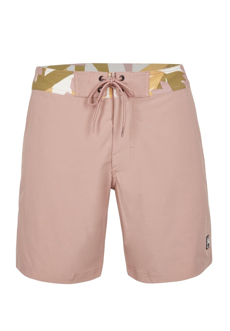 Rosa Badeshorts mit einem gemusterten Bund in Weiß-, Grün- und Gelbtönen. Enthält eine vordere Krawatte und ein seitliches Logodetail.