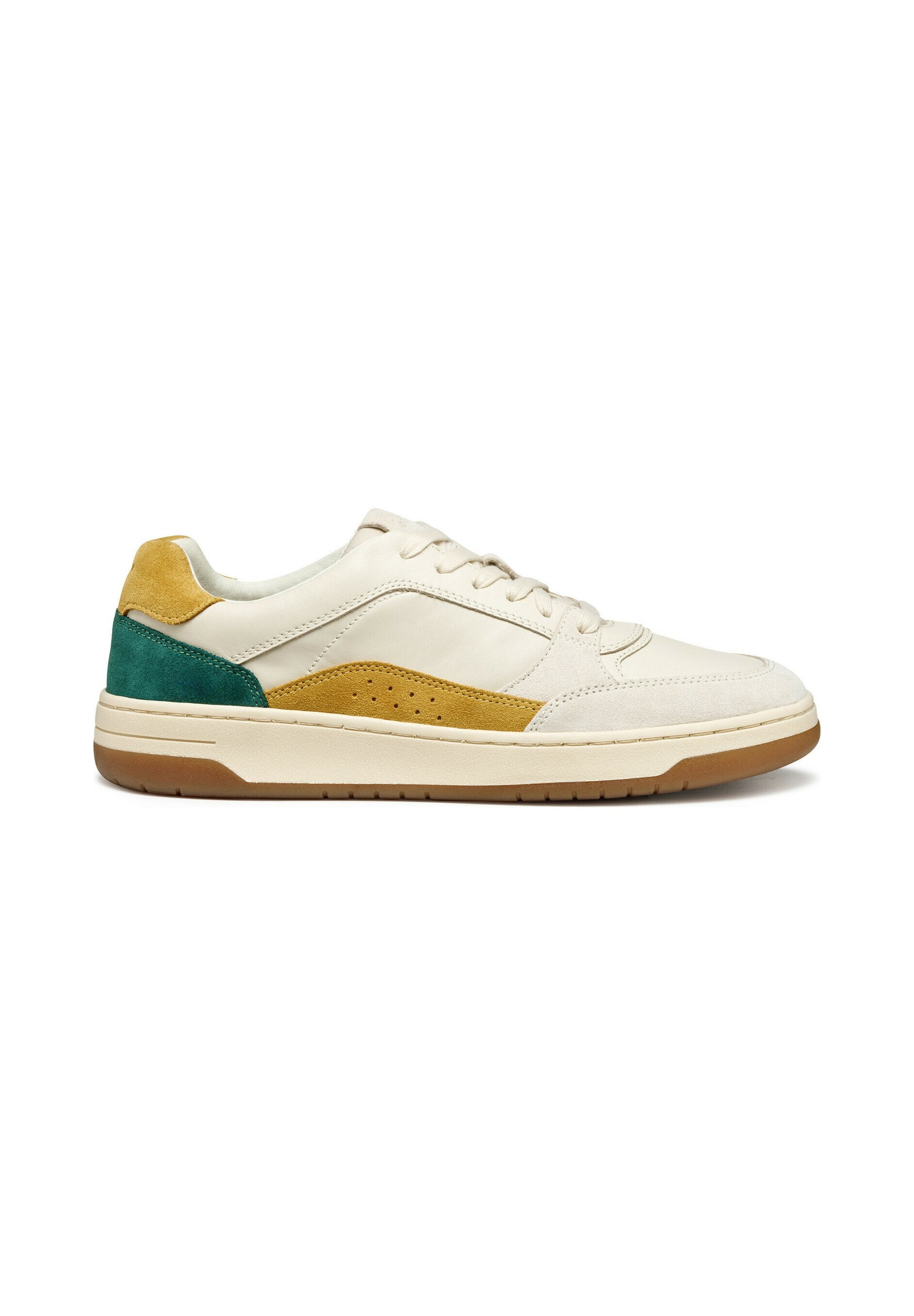 Helle Leder-Sneaker mit Akzenten aus gelbem und grünem Wildleder. Sie haben eine abgerundete Zehenform, ein Schnürdesign und eine Sohle aus Gummigummi. Besondere Perforationen.