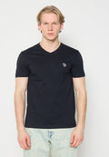 Marineblaues V-Ausschnitt-T-Shirt aus Baumwolle mit kleinem, besticktem Elefantendesign auf der Brust, ergänzt durch kurze Ärmel.