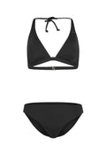 Schwarzes Bikini-Set mit einem dreieckigen Oberteil mit verstellbarem Nackenband und Rückenverschluss sowie passendem tief geschnittenen Höschen mit glatter Textur.