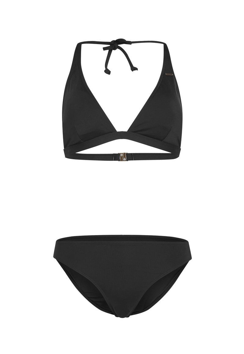 Schwarzes Bikini-Set mit einem dreieckigen Oberteil mit verstellbarem Nackenband und Rückenverschluss sowie passendem tief geschnittenen Höschen mit glatter Textur.
