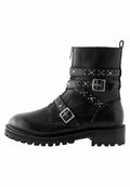 Schwarze Leder-Stiefeletten mit Schnallen und genagelten Riemen, runde Zehenpartie und klobige Profilsohle. Mit seitlichem Reißverschluss für einfachen Zugang.