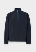 Marinefarbener Fleece-Pullover mit Viertelreißverschluss, kontrastierendem blauen Reißverschluss und zwei Fronttaschen; ausgestattet mit einem dezenten Logo auf der Brust.