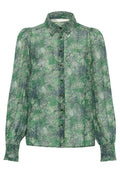 Langärmlige Damenbluse mit grünem, blauem und weißem abstrakten Muster, Knopfleiste, spitzem Kragen und geknöpften Ärmeln.