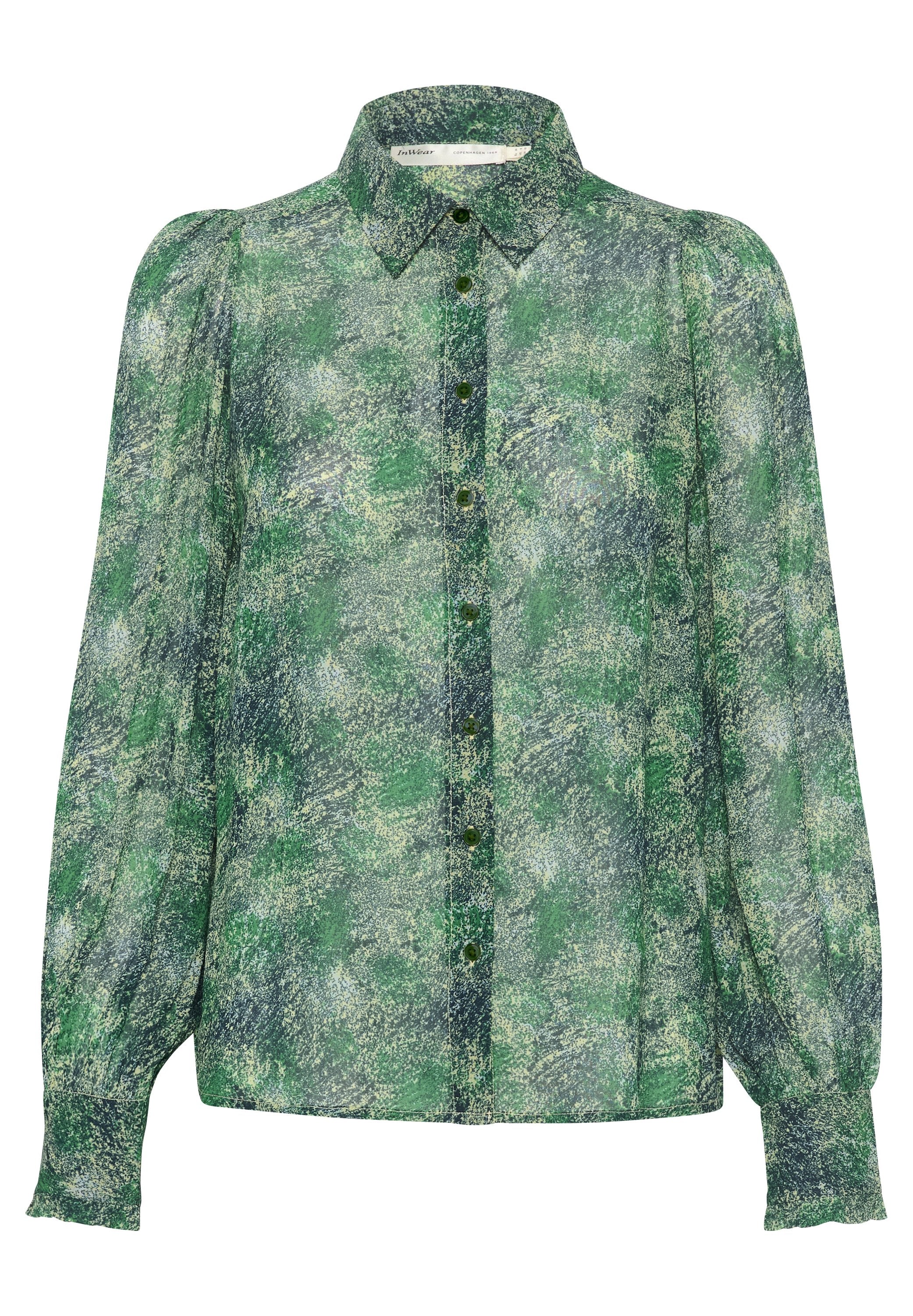 Langärmlige Damenbluse mit grünem, blauem und weißem abstrakten Muster, Knopfleiste, spitzem Kragen und geknöpften Ärmeln.