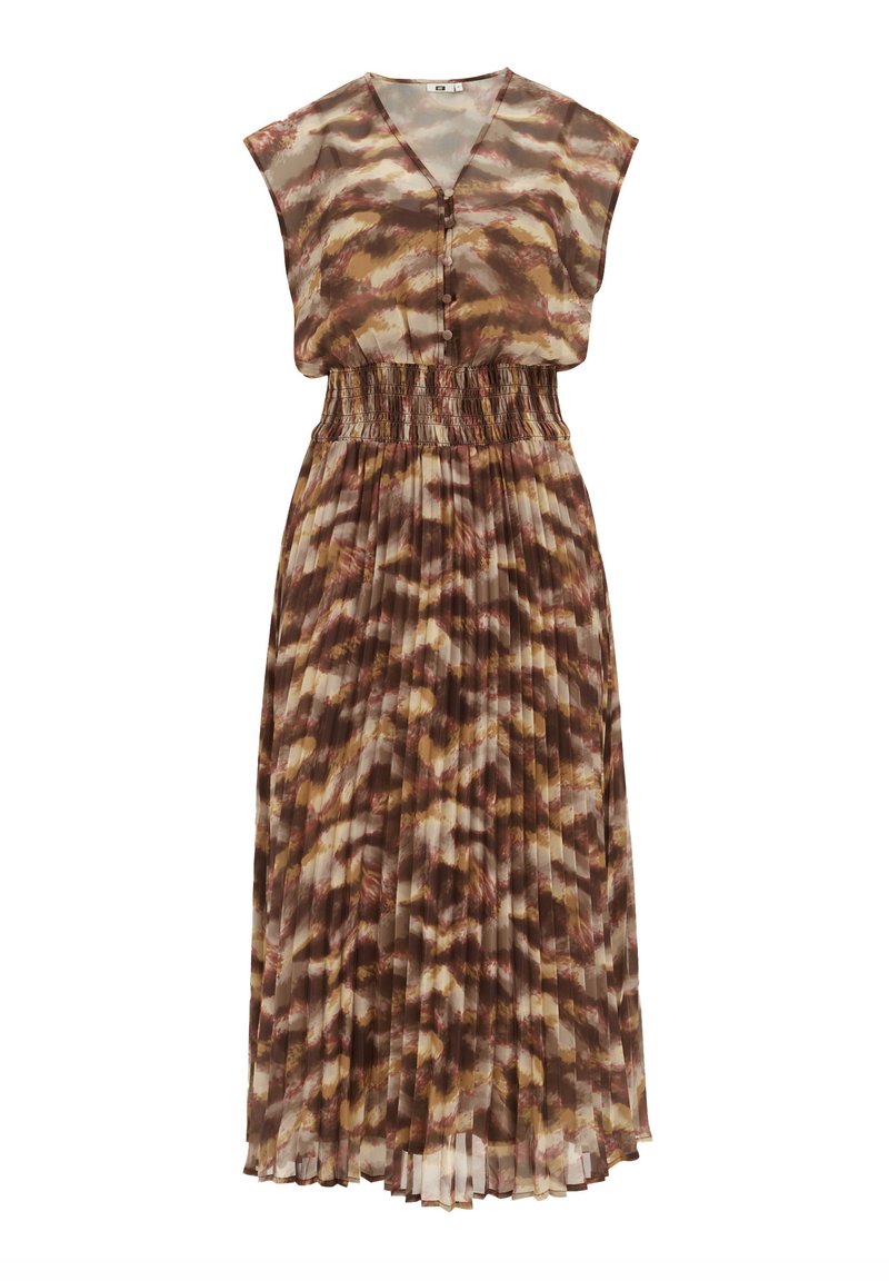 Faltendes Maxikleid in einem Aquarellmuster mit Brauntönen, Creme und Gold; verfügt über einen V-Ausschnitt und einen elastischen Bund für zusätzlichen Komfort.